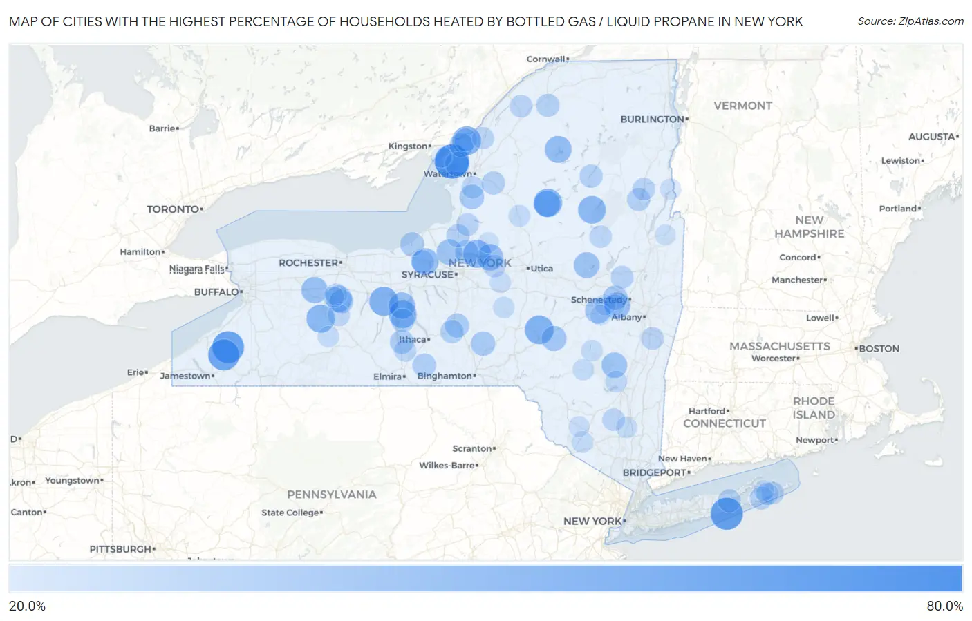 Cities with the Highest Percentage of Households Heated by Bottled Gas / Liquid Propane in New York Map