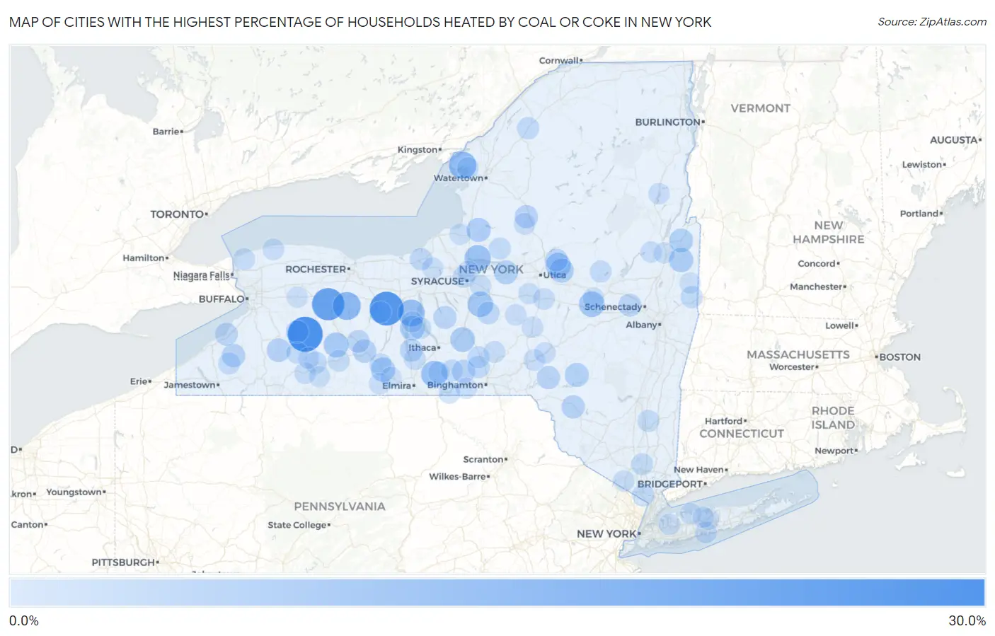 Cities with the Highest Percentage of Households Heated by Coal or Coke in New York Map