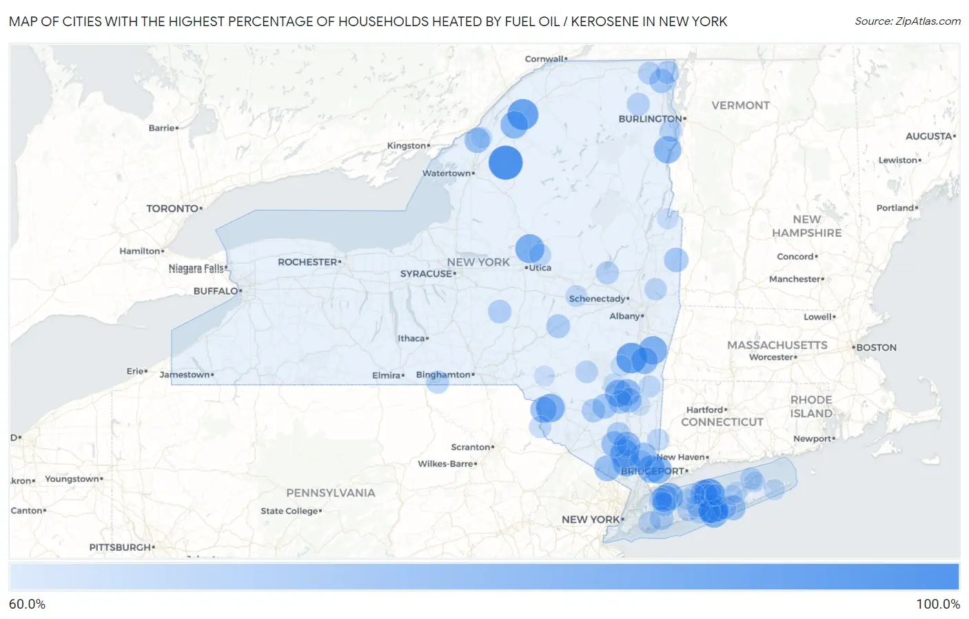Cities with the Highest Percentage of Households Heated by Fuel Oil / Kerosene in New York Map