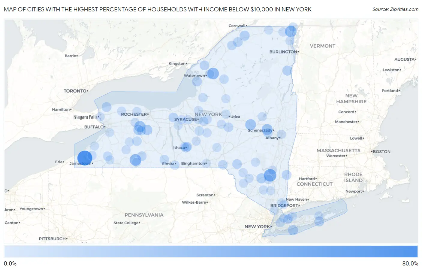 Cities with the Highest Percentage of Households with Income Below $10,000 in New York Map