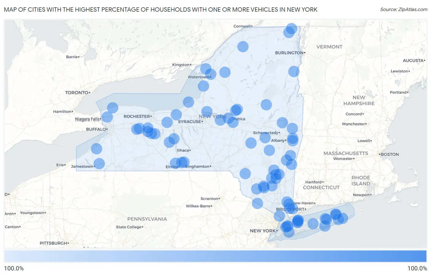 Cities with the Highest Percentage of Households With One or more Vehicles in New York Map