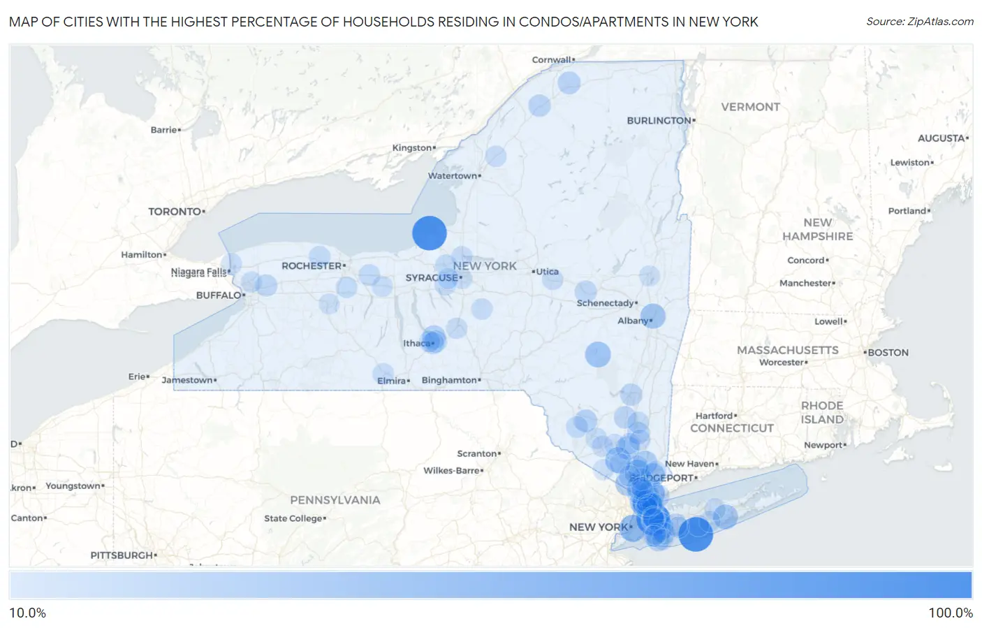 Cities with the Highest Percentage of Households Residing in Condos/Apartments in New York Map