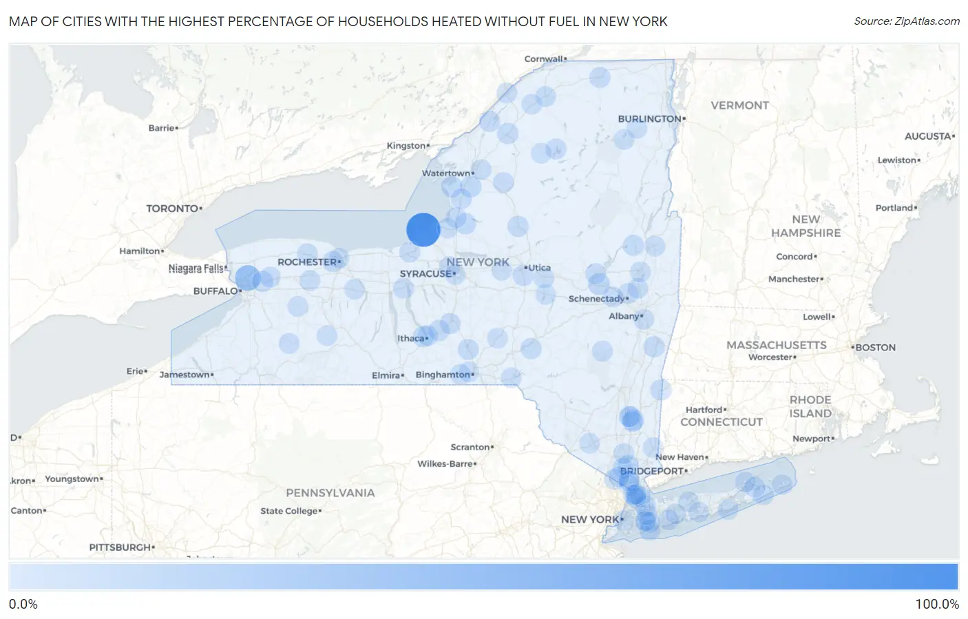 Cities with the Highest Percentage of Households Heated without Fuel in New York Map