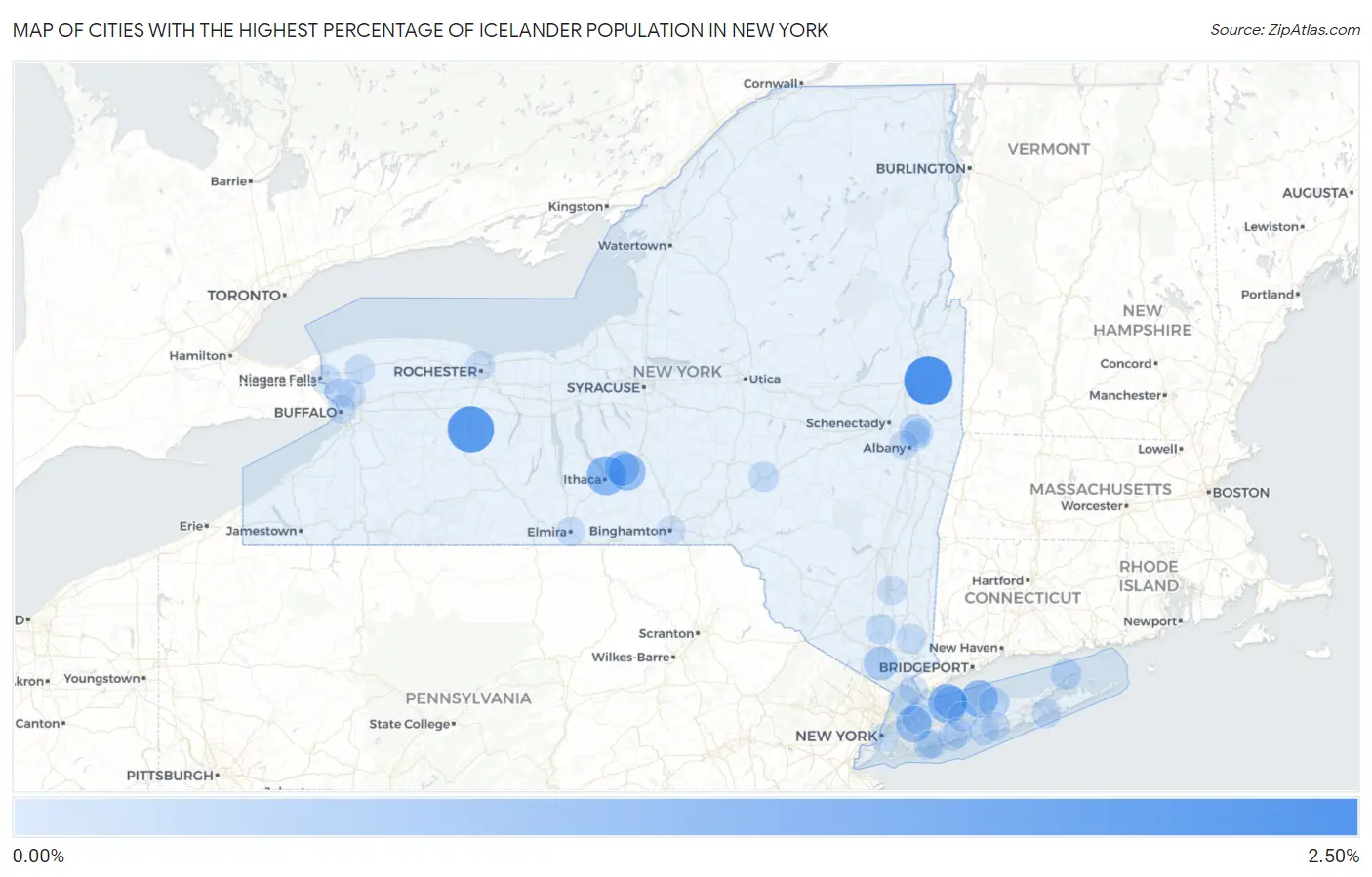 Cities with the Highest Percentage of Icelander Population in New York Map