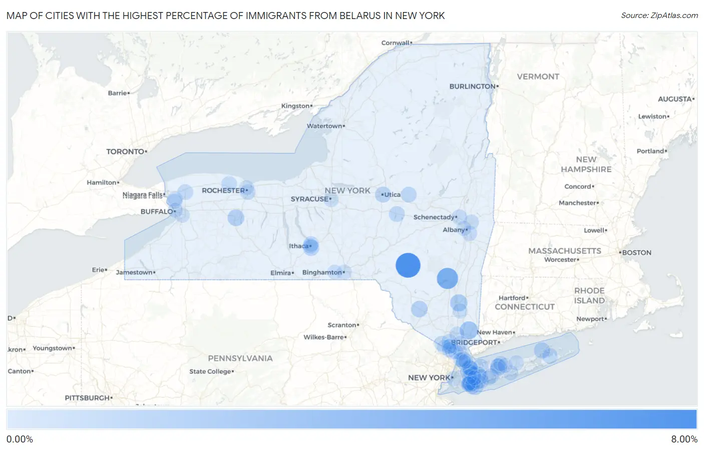 Cities with the Highest Percentage of Immigrants from Belarus in New York Map