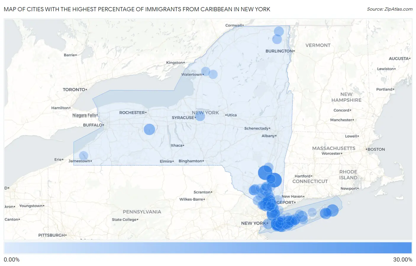 Cities with the Highest Percentage of Immigrants from Caribbean in New York Map