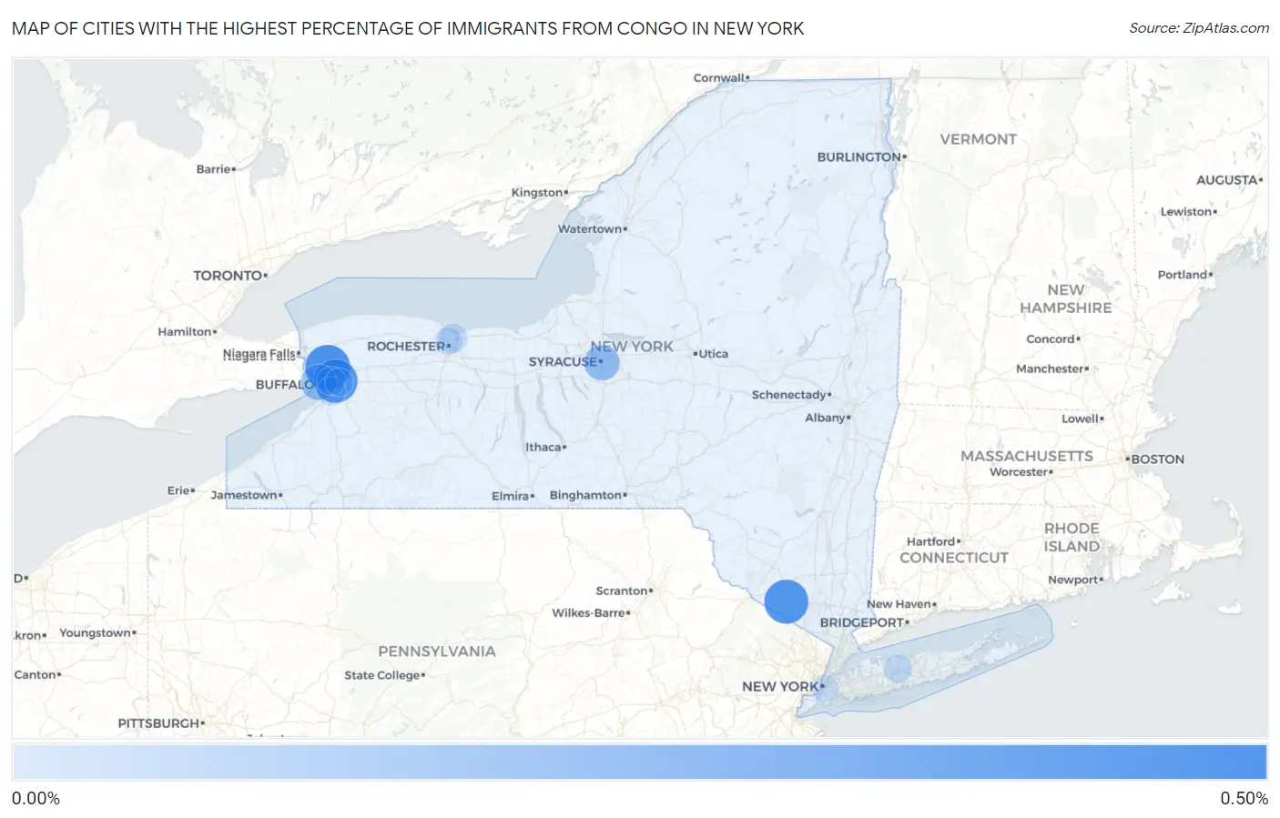 Cities with the Highest Percentage of Immigrants from Congo in New York Map