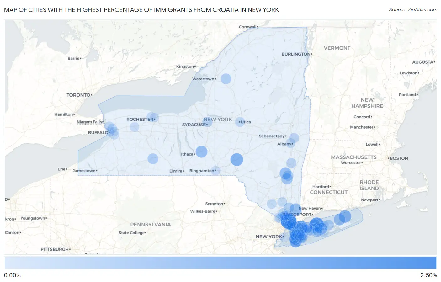 Cities with the Highest Percentage of Immigrants from Croatia in New York Map