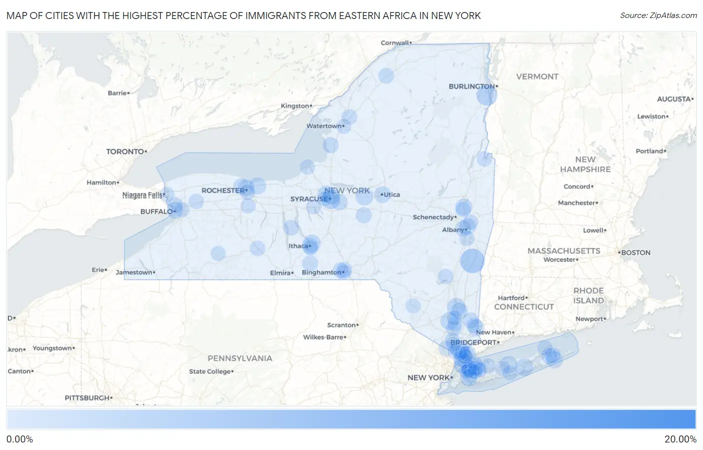 Cities with the Highest Percentage of Immigrants from Eastern Africa in New York Map