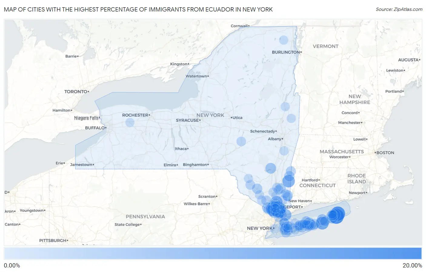 Cities with the Highest Percentage of Immigrants from Ecuador in New York Map