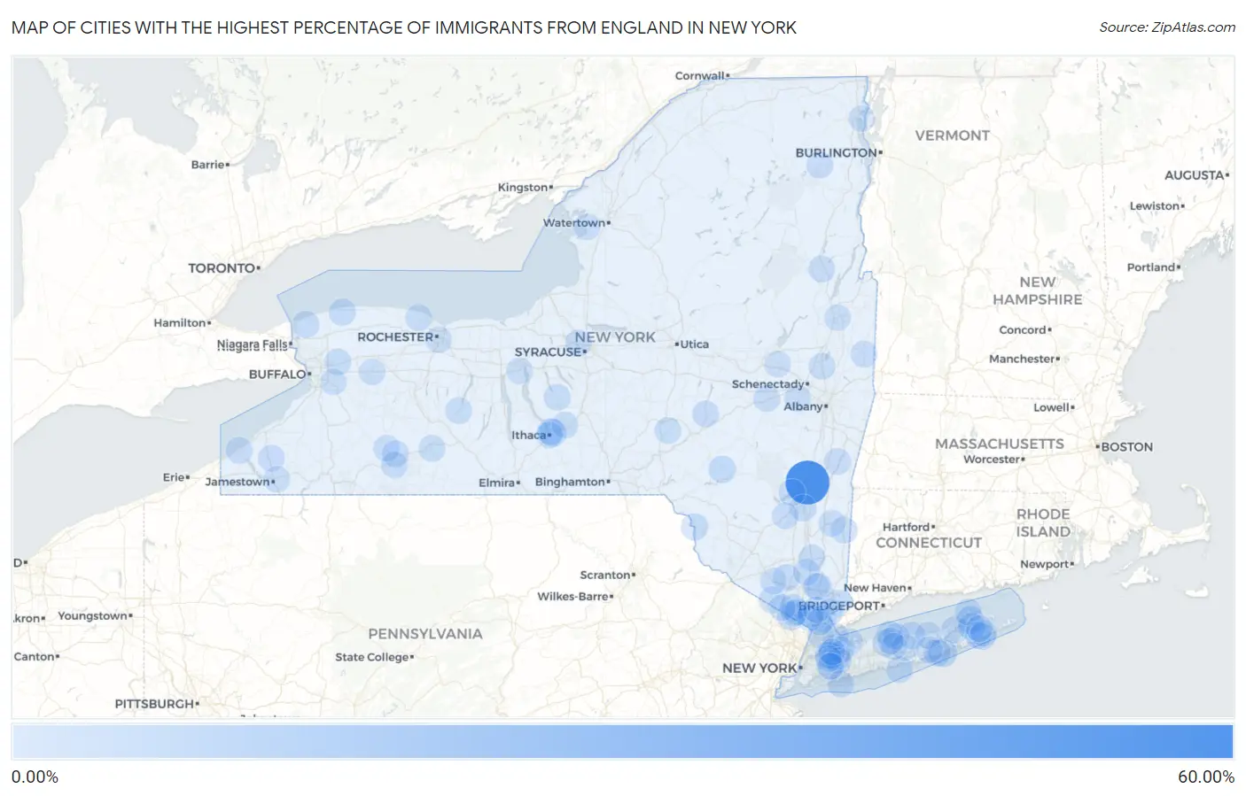 Cities with the Highest Percentage of Immigrants from England in New York Map