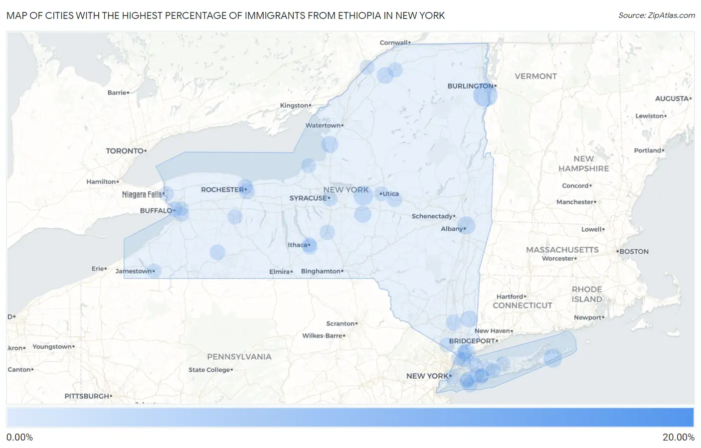 Cities with the Highest Percentage of Immigrants from Ethiopia in New York Map