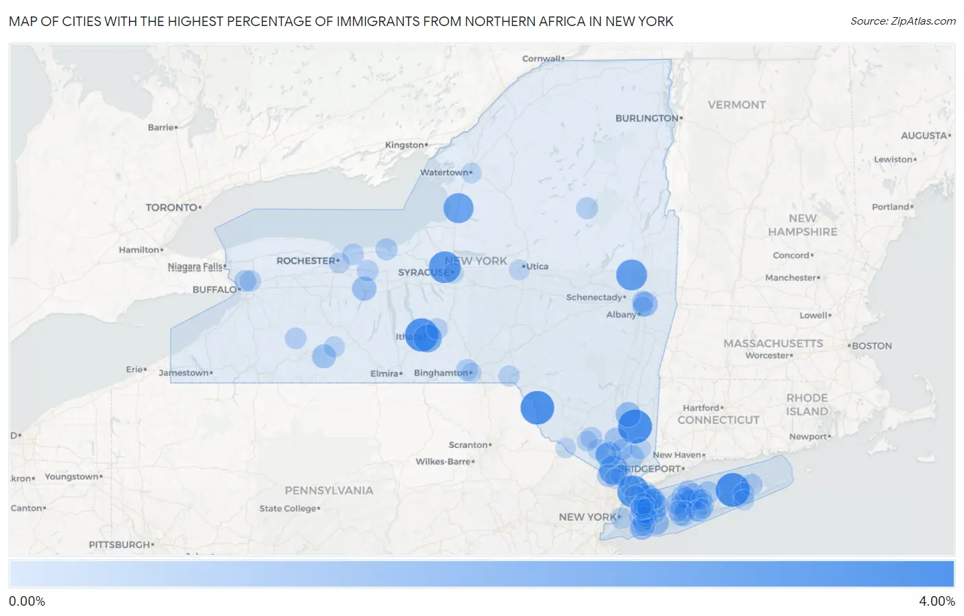 Cities with the Highest Percentage of Immigrants from Northern Africa in New York Map
