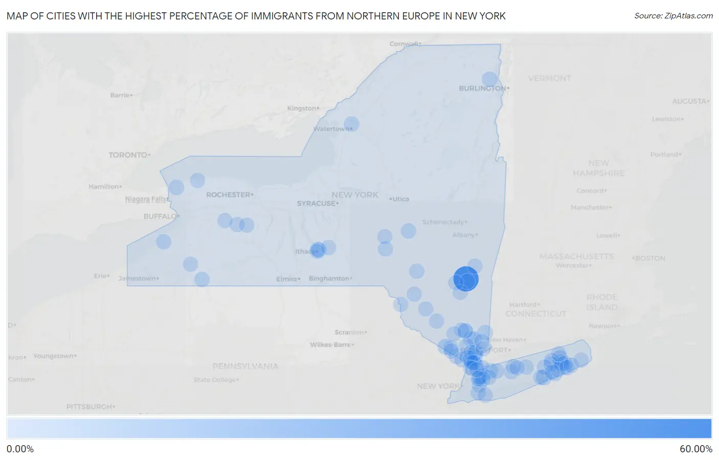 Cities with the Highest Percentage of Immigrants from Northern Europe in New York Map
