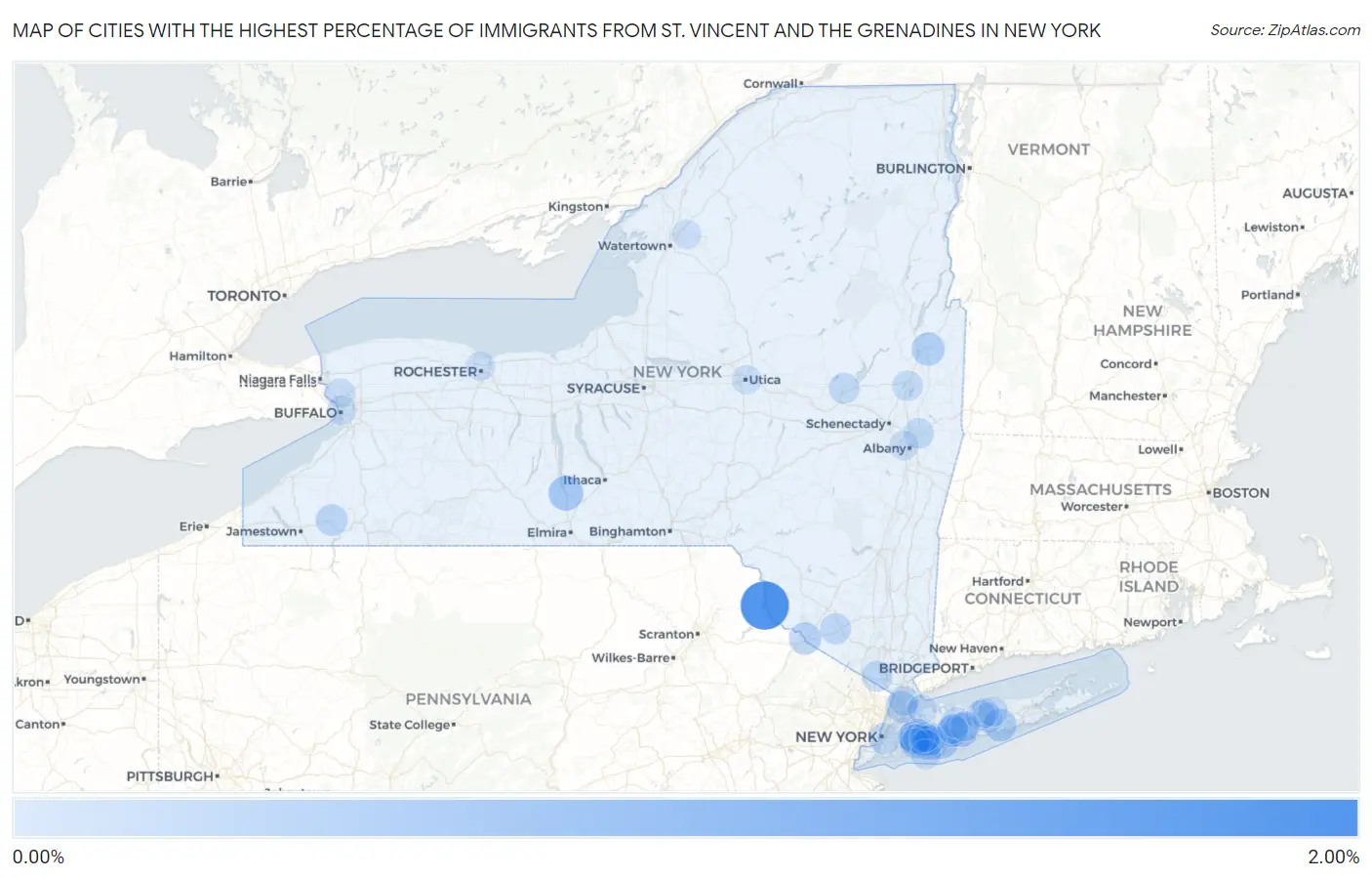 Cities with the Highest Percentage of Immigrants from St. Vincent and the Grenadines in New York Map