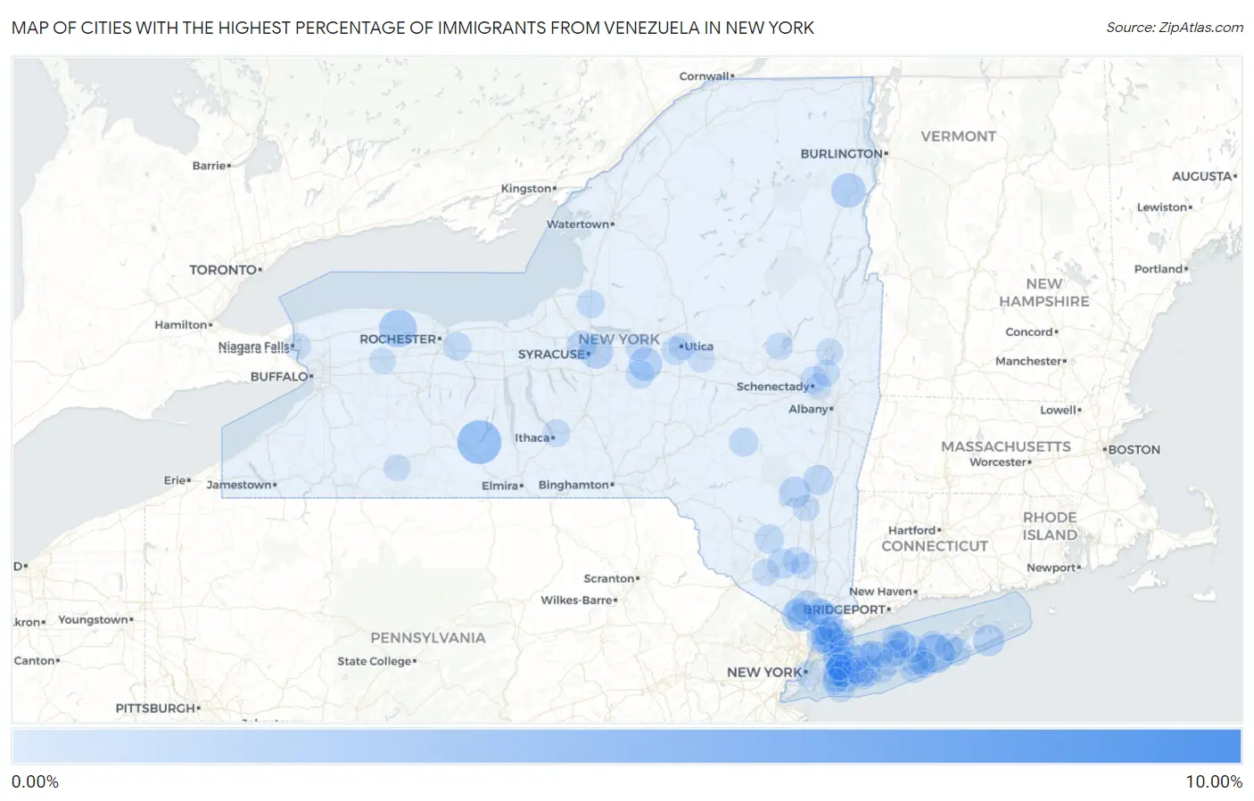 Cities with the Highest Percentage of Immigrants from Venezuela in New York Map