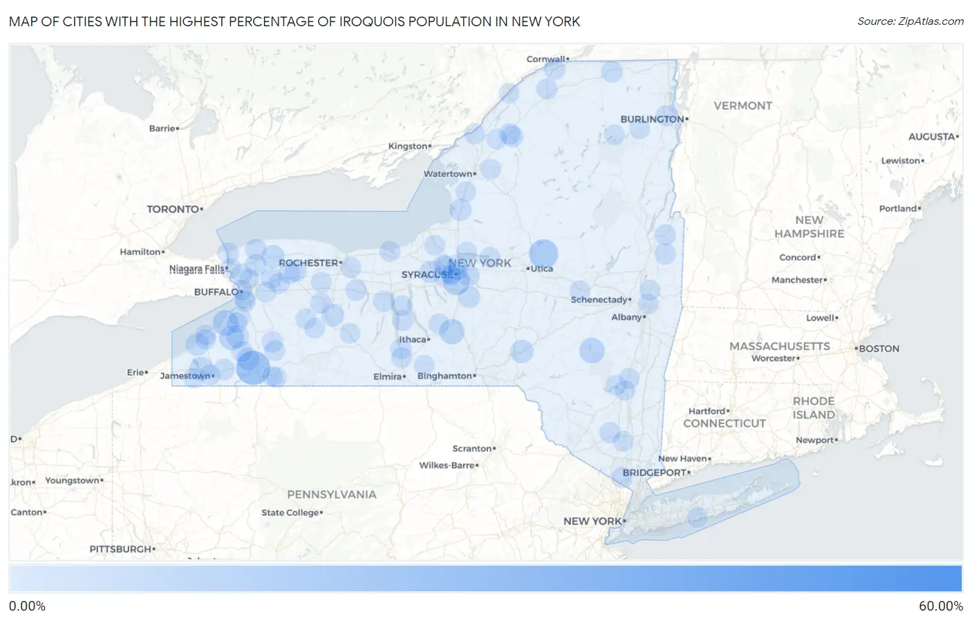 Cities with the Highest Percentage of Iroquois Population in New York Map