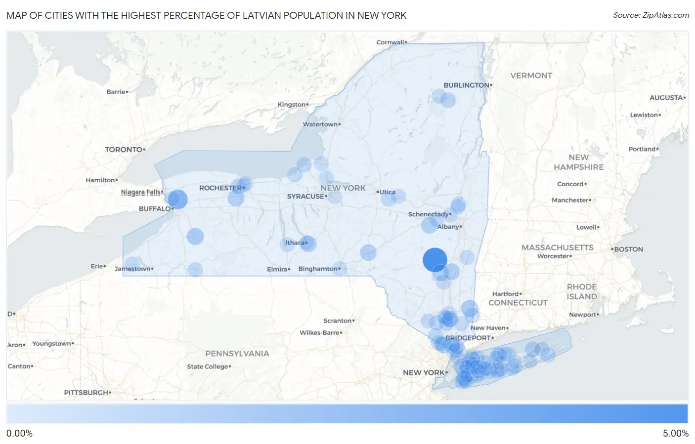 Cities with the Highest Percentage of Latvian Population in New York Map