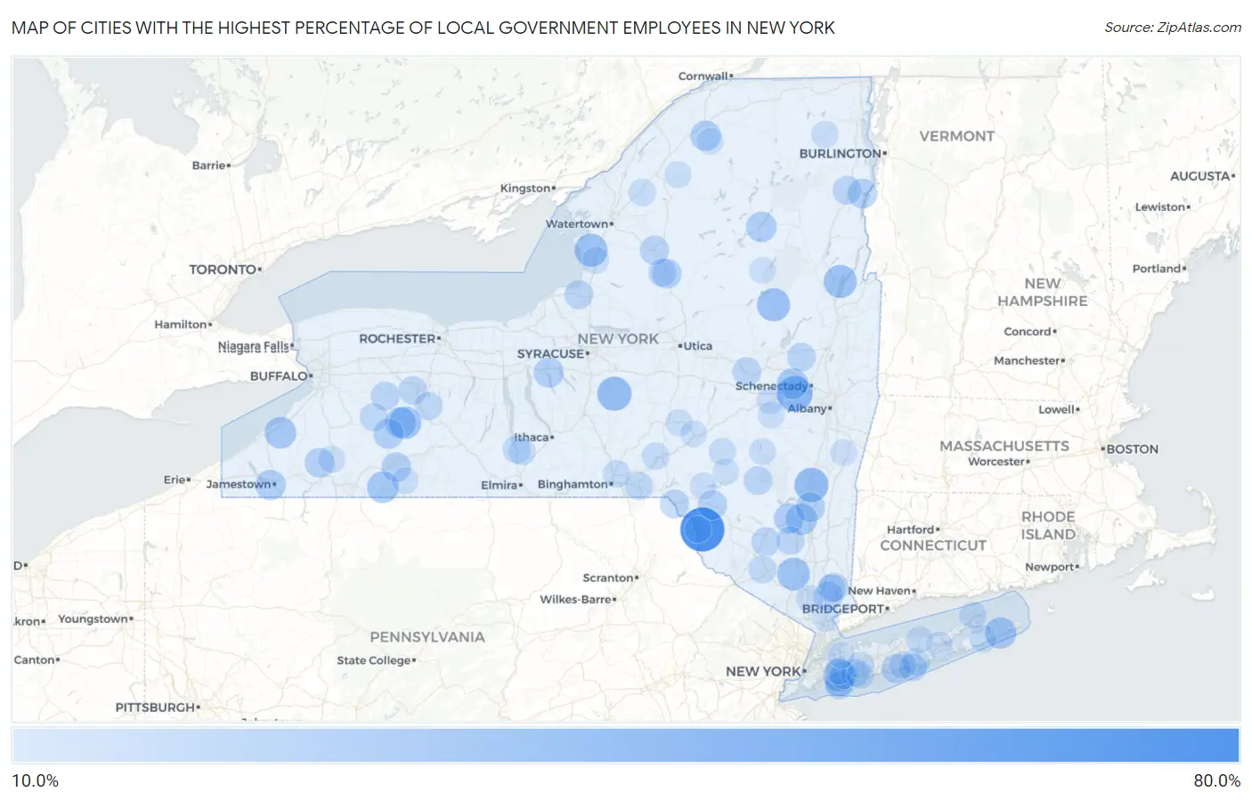 Cities with the Highest Percentage of Local Government Employees in New York Map