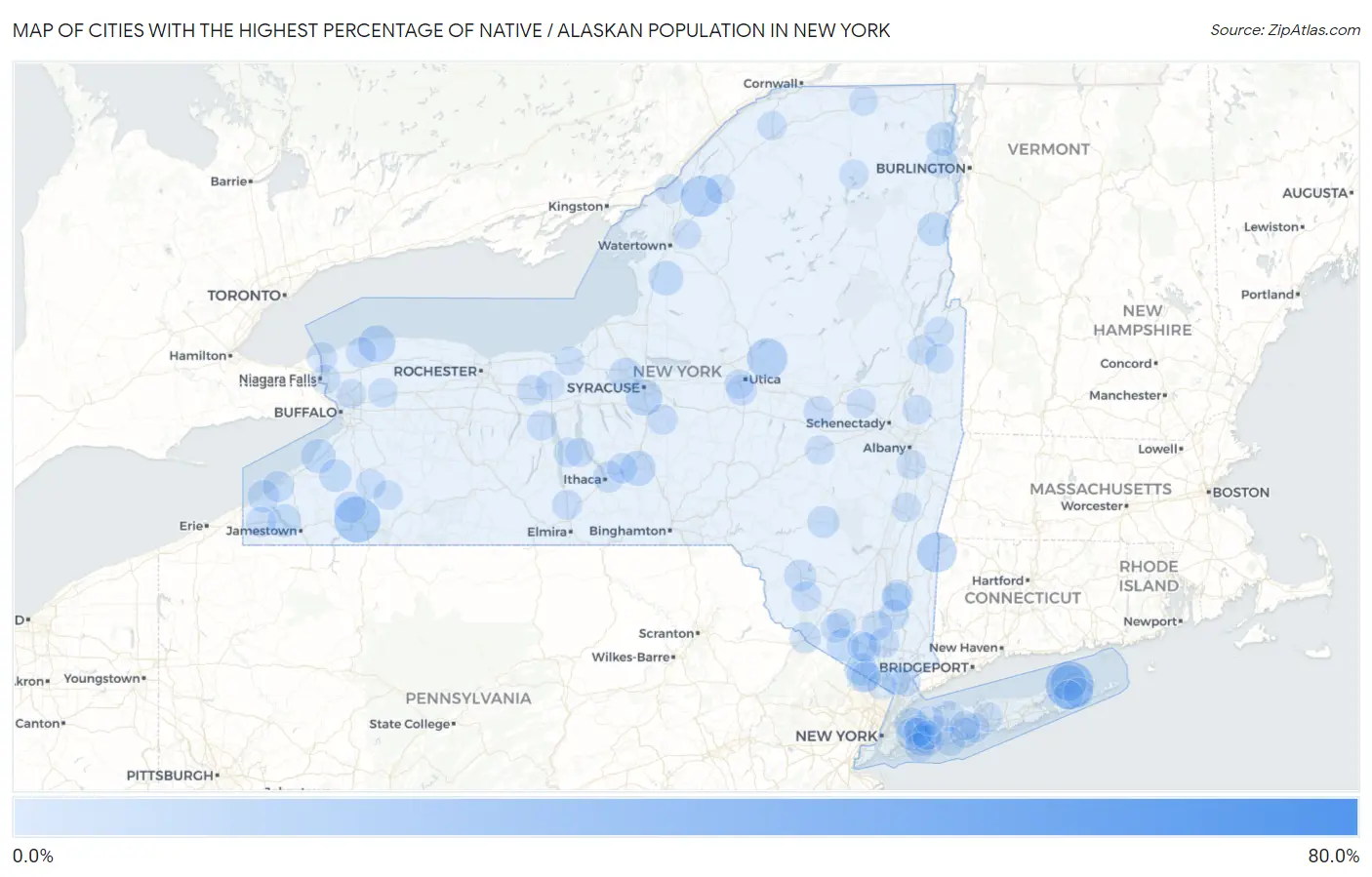 Cities with the Highest Percentage of Native / Alaskan Population in New York Map