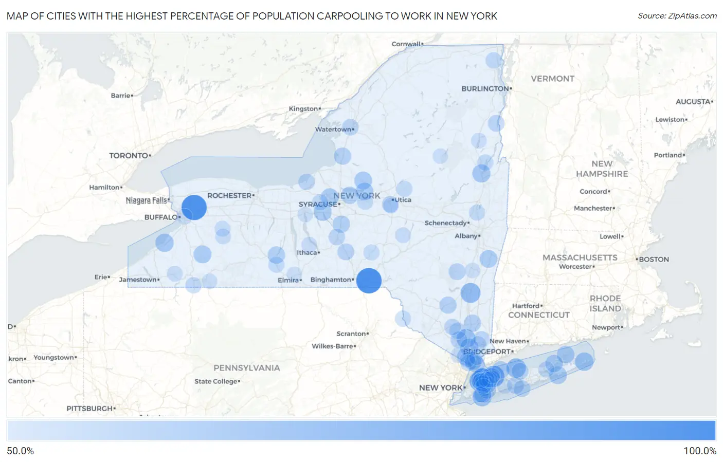Cities with the Highest Percentage of Population Carpooling to Work in New York Map