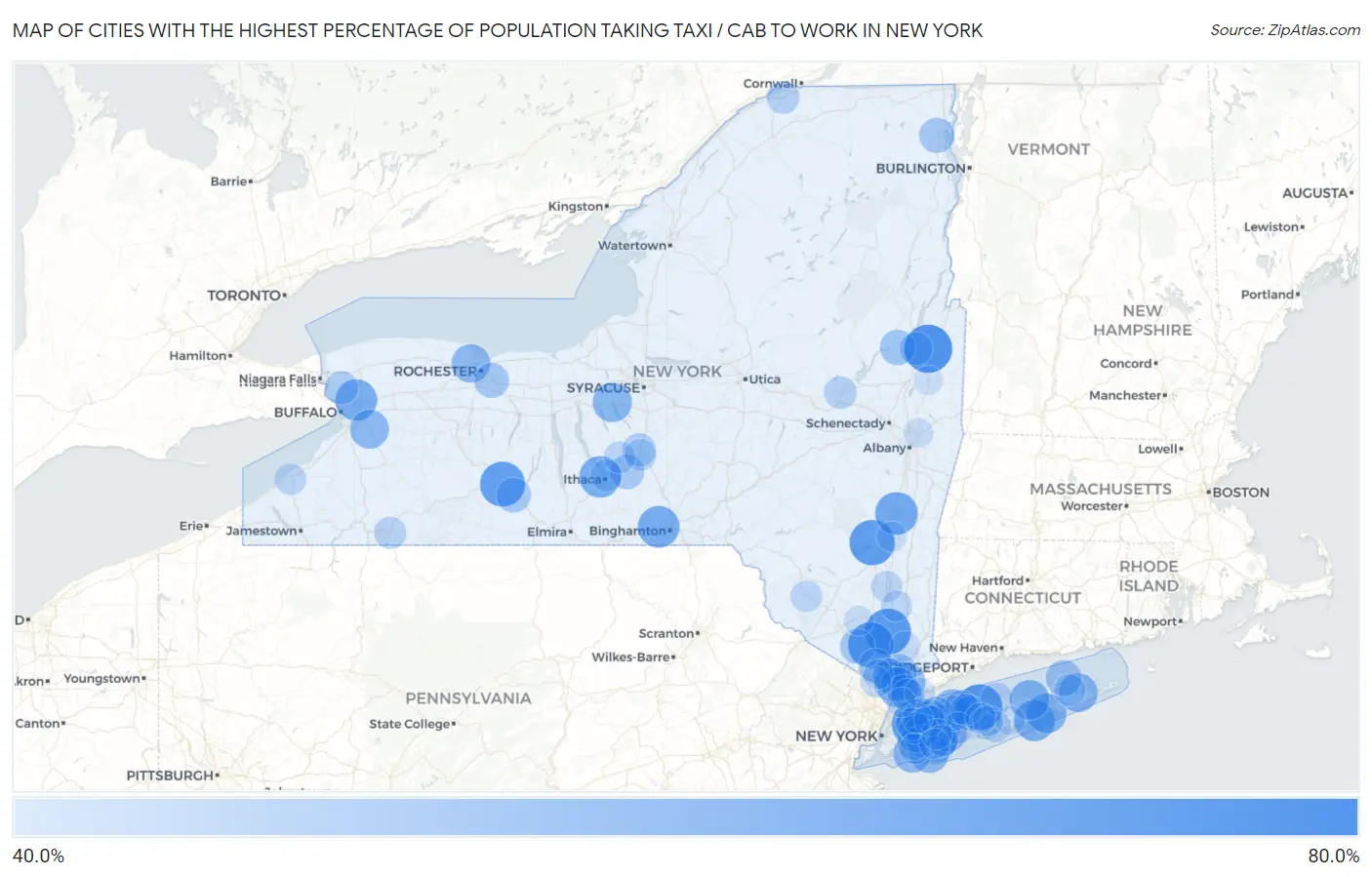 Cities with the Highest Percentage of Population Taking Taxi / Cab to Work in New York Map