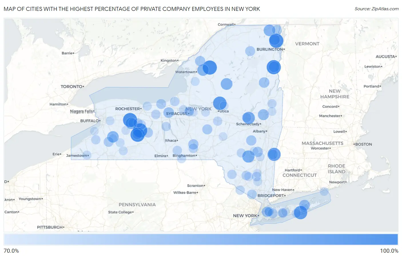 Cities with the Highest Percentage of Private Company Employees in New York Map