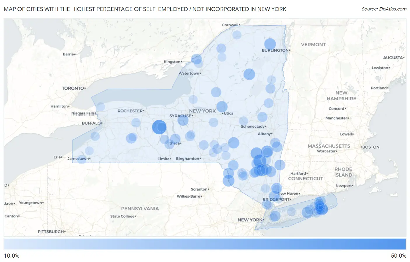 Cities with the Highest Percentage of Self-Employed / Not Incorporated in New York Map