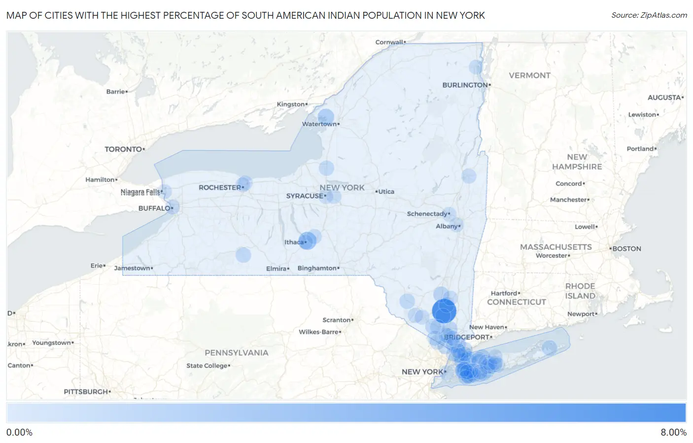 Cities with the Highest Percentage of South American Indian Population in New York Map