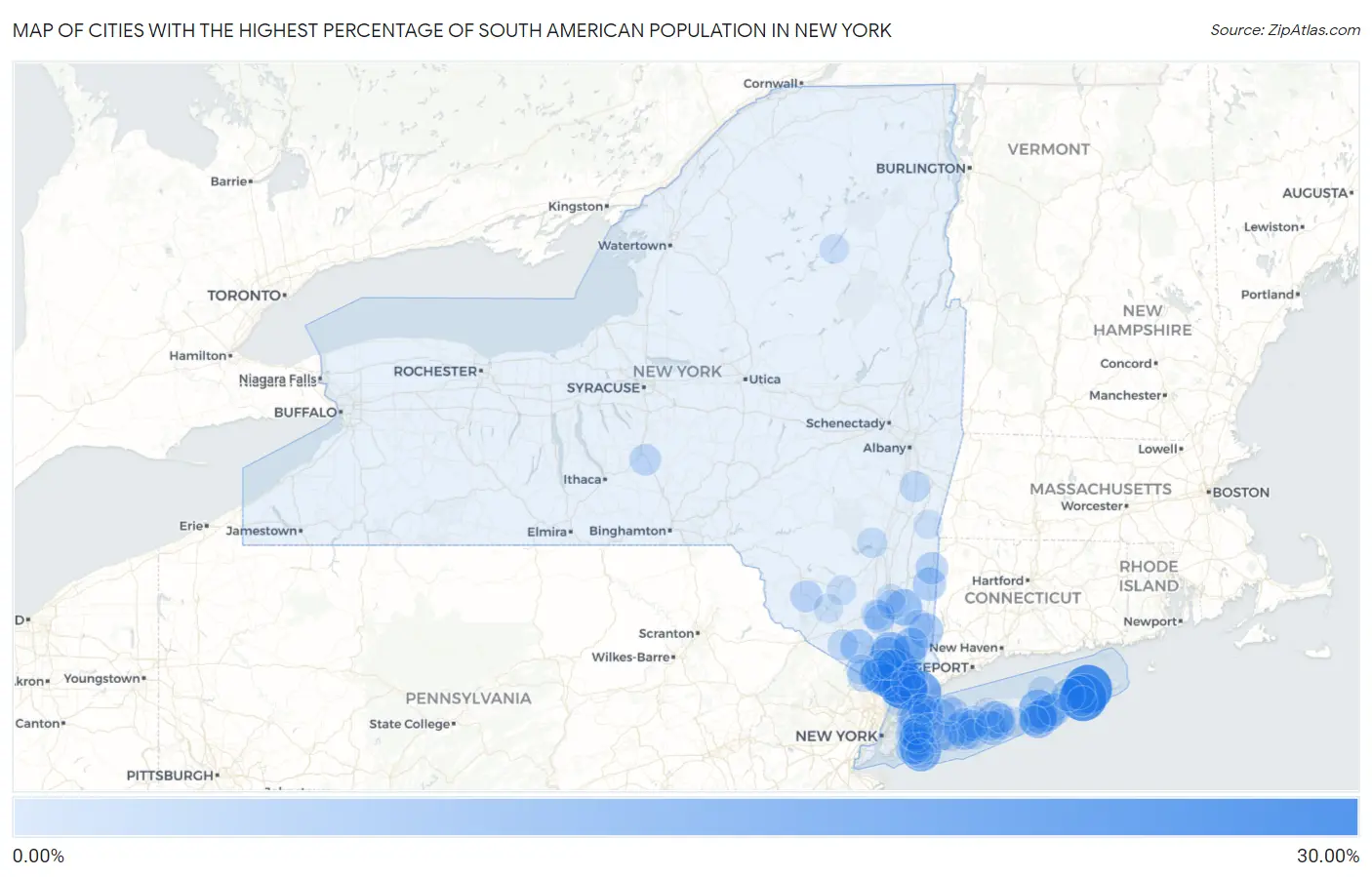 Cities with the Highest Percentage of South American Population in New York Map