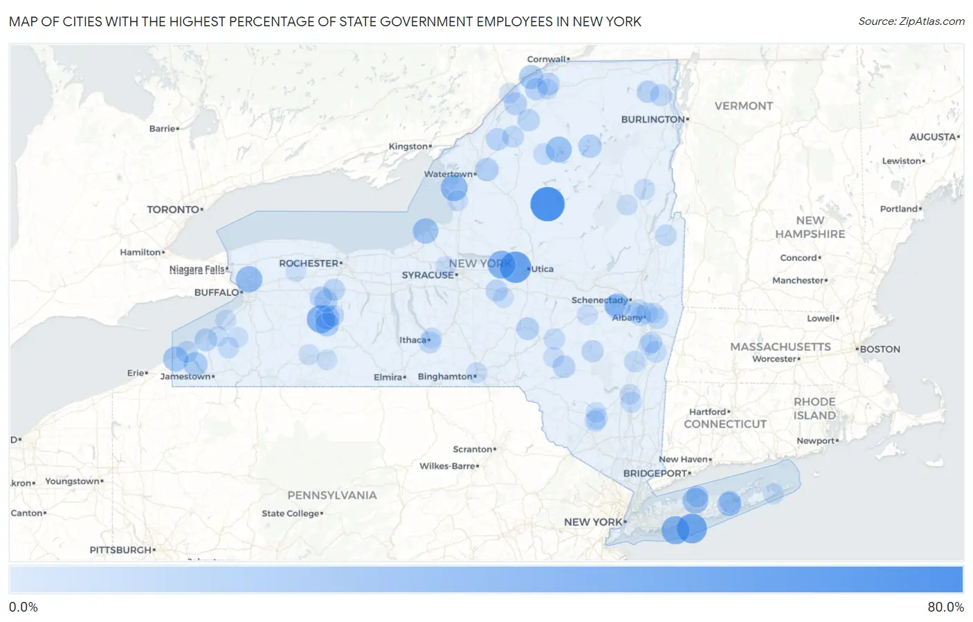 Cities with the Highest Percentage of State Government Employees in New York Map