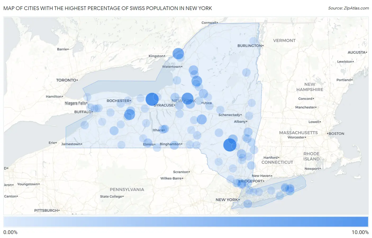 Cities with the Highest Percentage of Swiss Population in New York Map