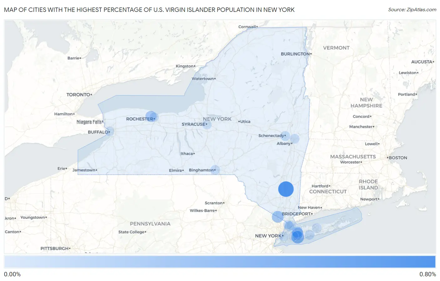 Cities with the Highest Percentage of U.S. Virgin Islander Population in New York Map