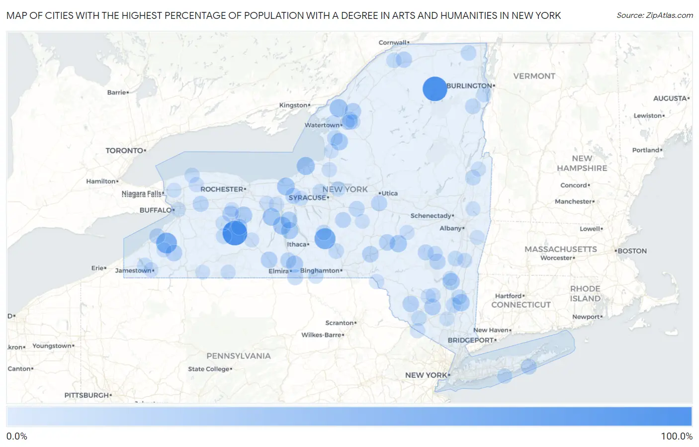 Cities with the Highest Percentage of Population with a Degree in Arts and Humanities in New York Map