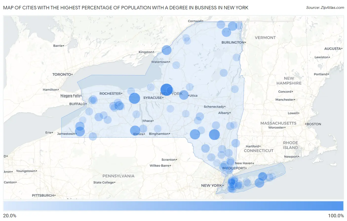 Cities with the Highest Percentage of Population with a Degree in Business in New York Map
