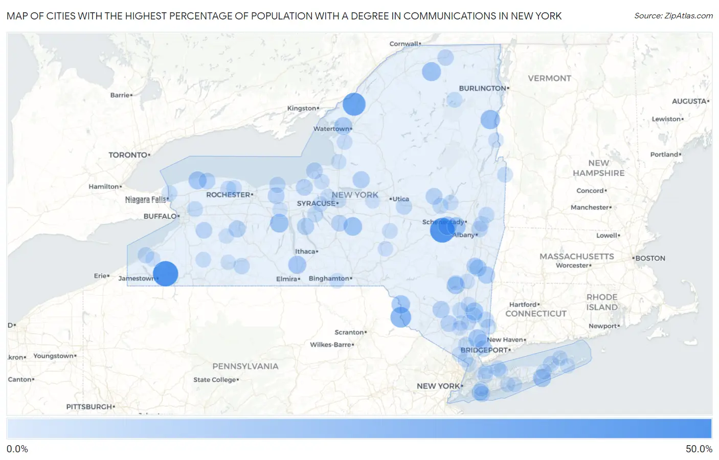 Cities with the Highest Percentage of Population with a Degree in Communications in New York Map