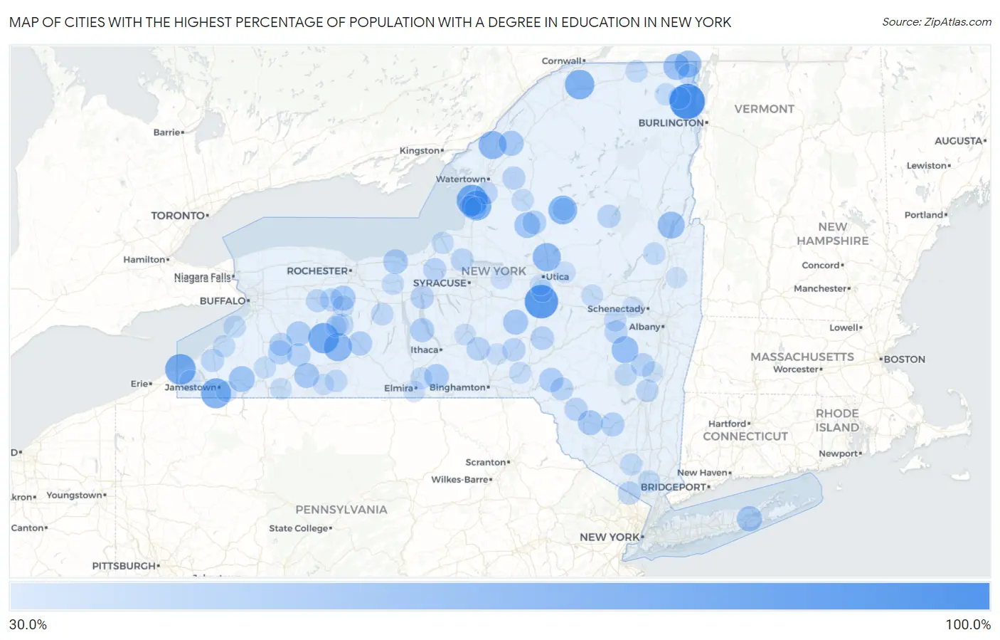 Cities with the Highest Percentage of Population with a Degree in Education in New York Map