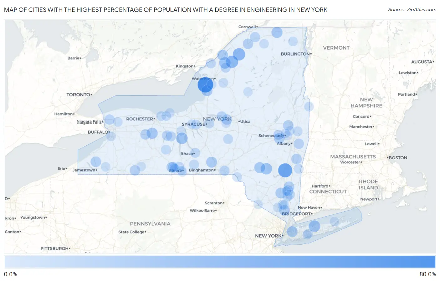 Cities with the Highest Percentage of Population with a Degree in Engineering in New York Map