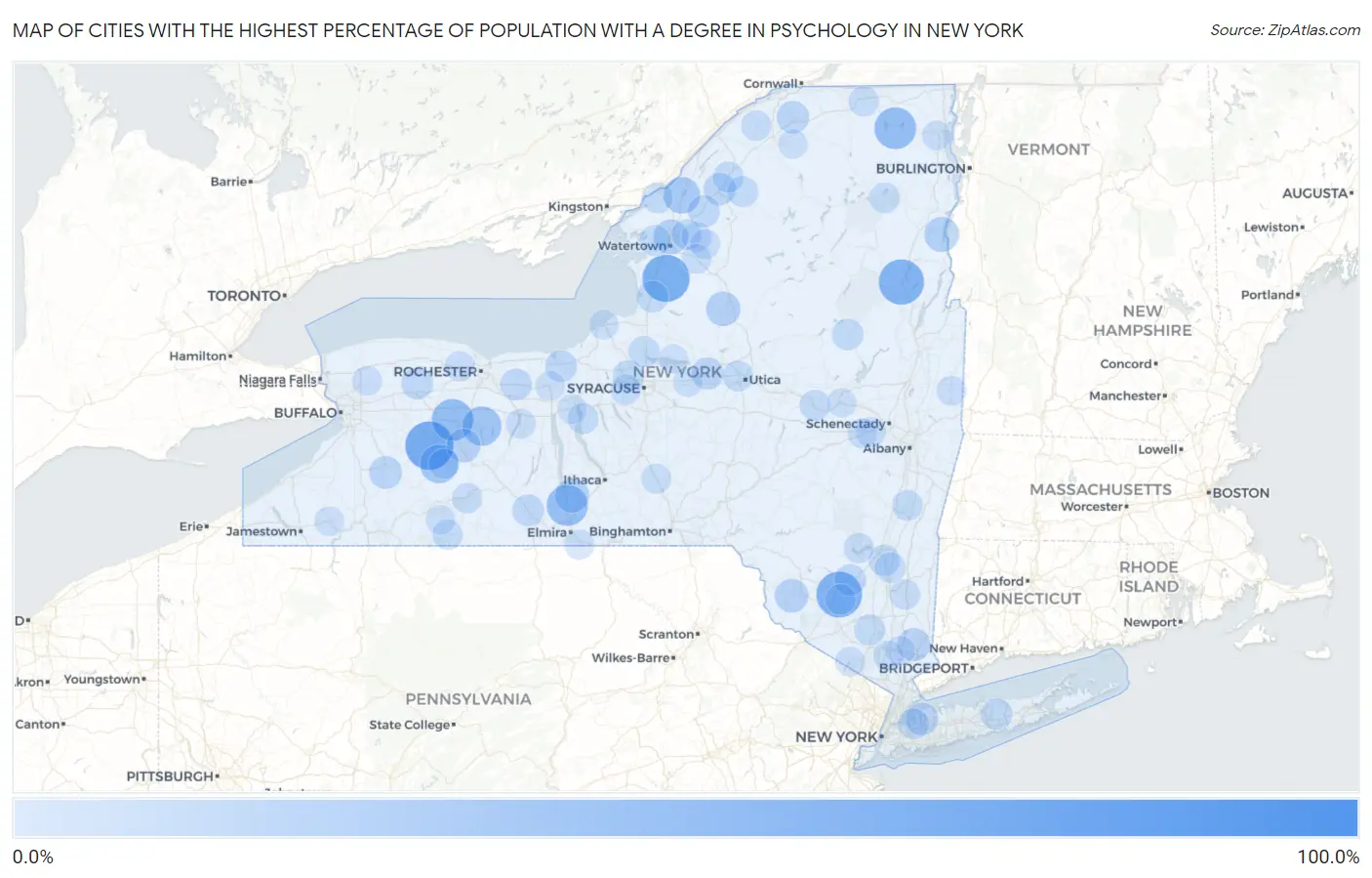 Cities with the Highest Percentage of Population with a Degree in Psychology in New York Map