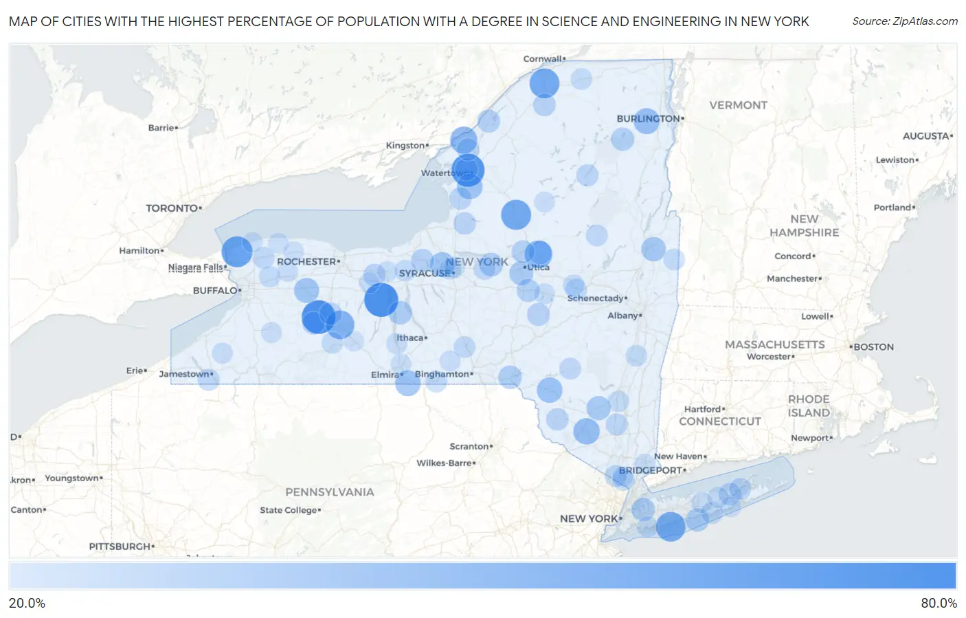 Cities with the Highest Percentage of Population with a Degree in Science and Engineering in New York Map