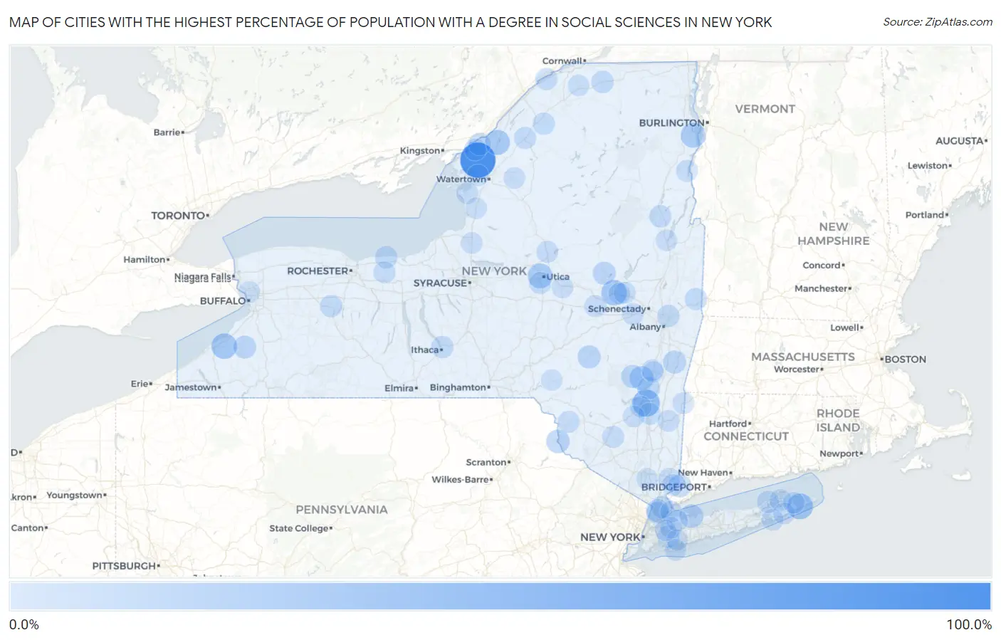 Cities with the Highest Percentage of Population with a Degree in Social Sciences in New York Map