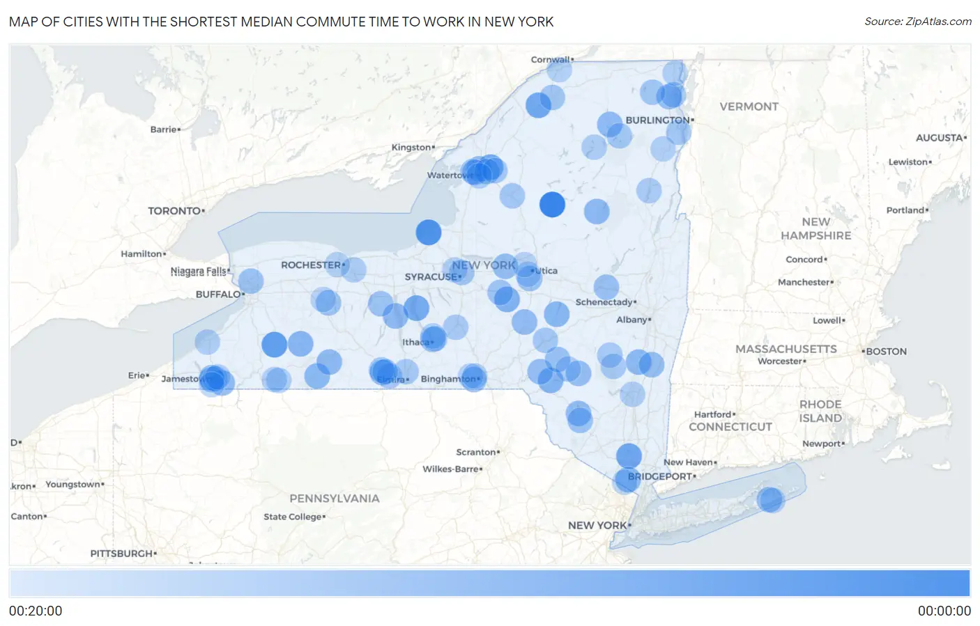Cities with the Shortest Median Commute Time to Work in New York Map