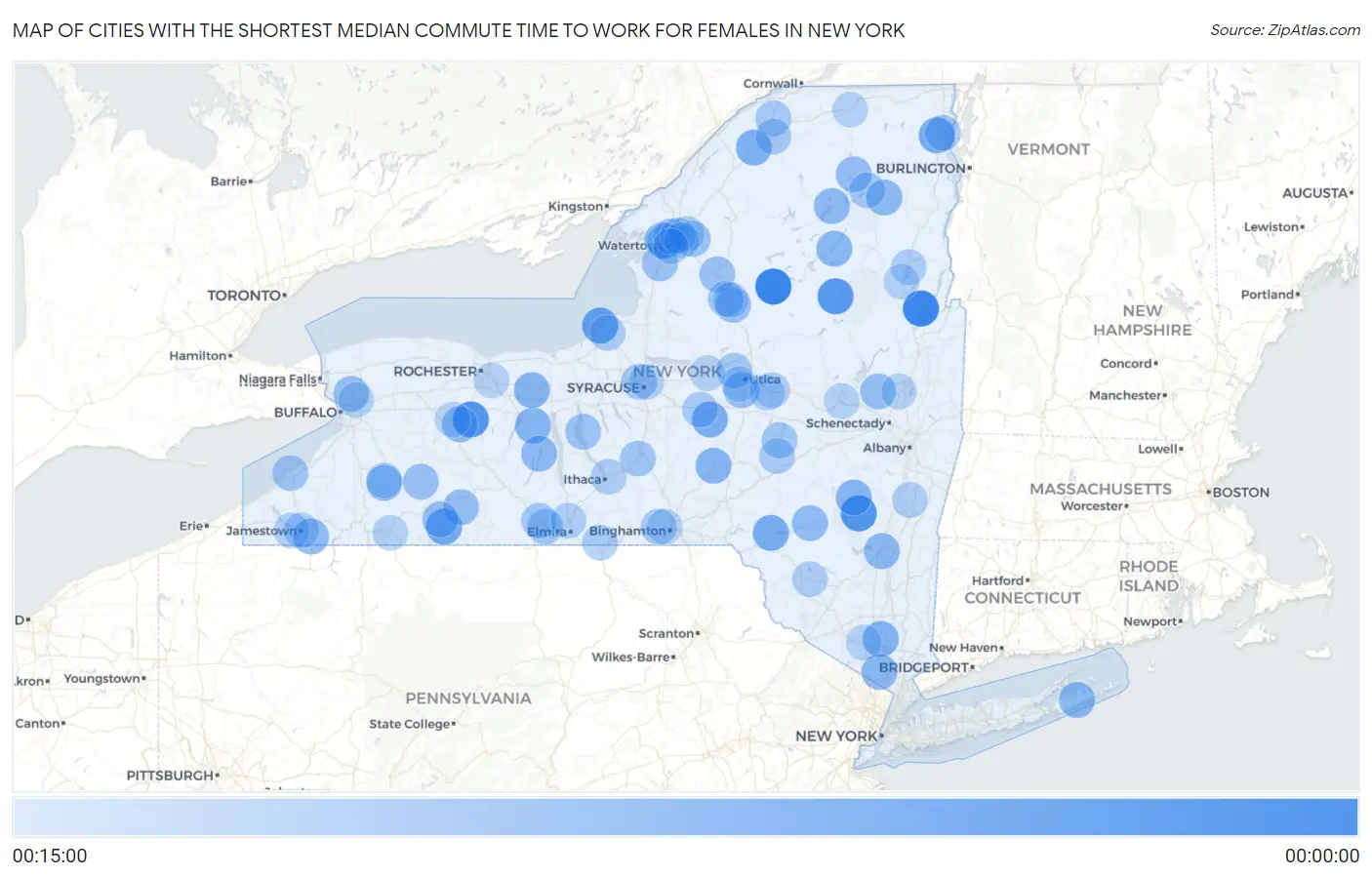 Cities with the Shortest Median Commute Time to Work for Females in New York Map