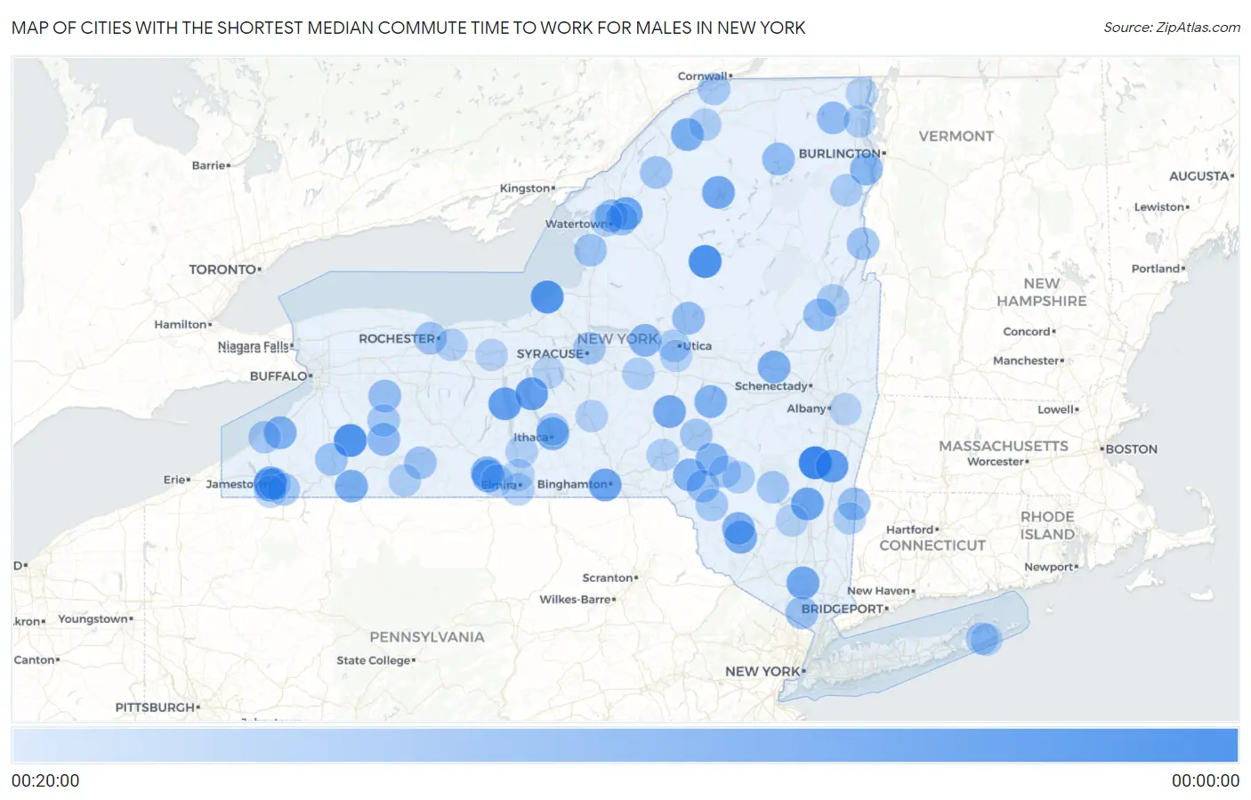 Cities with the Shortest Median Commute Time to Work for Males in New York Map