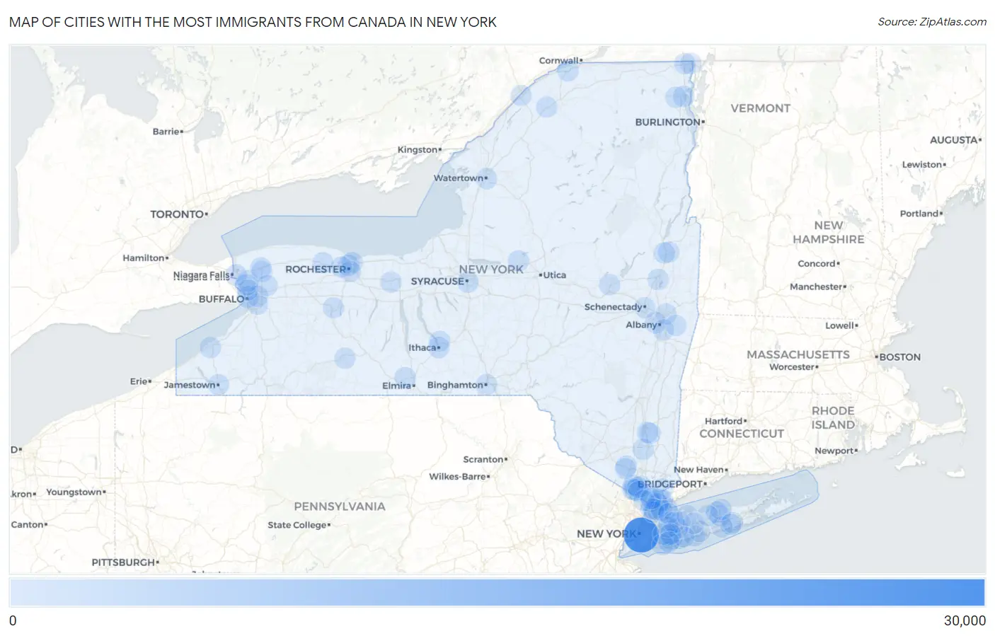 Cities with the Most Immigrants from Canada in New York Map