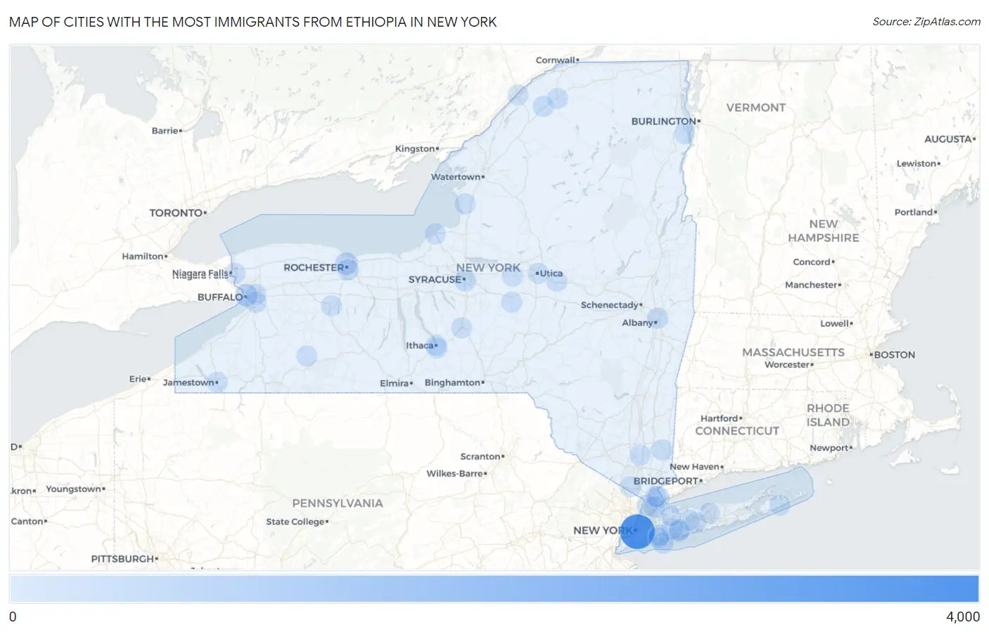 Cities with the Most Immigrants from Ethiopia in New York Map