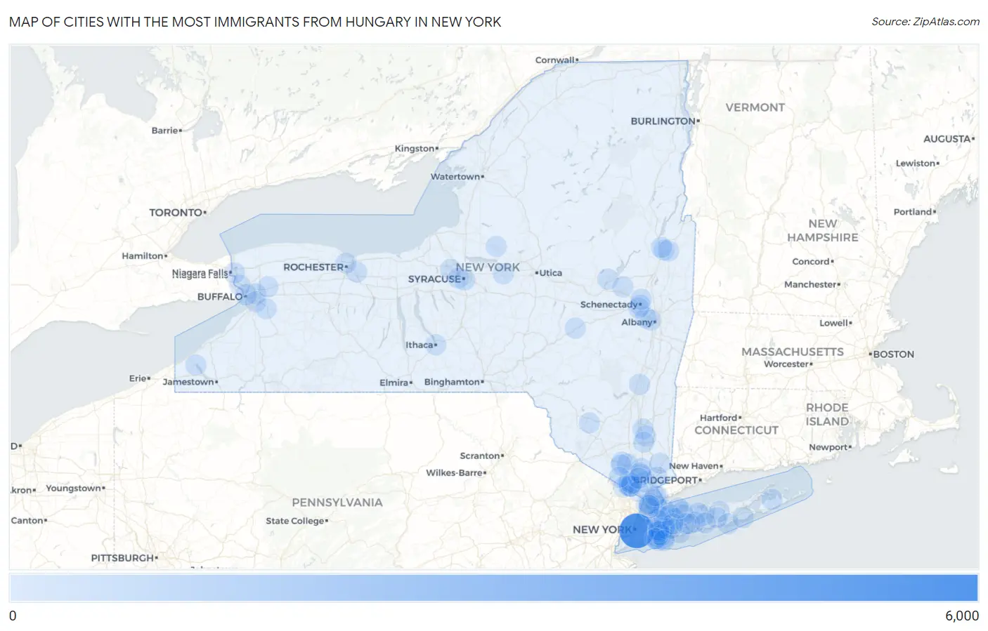 Cities with the Most Immigrants from Hungary in New York Map