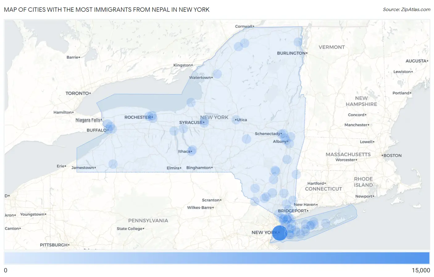 Cities with the Most Immigrants from Nepal in New York Map