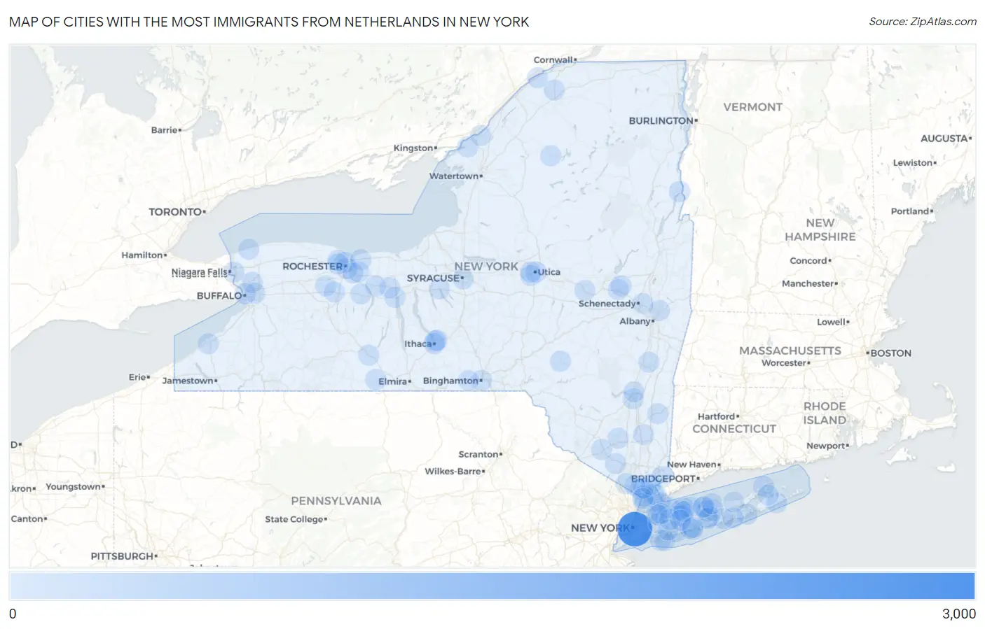 Cities with the Most Immigrants from Netherlands in New York Map