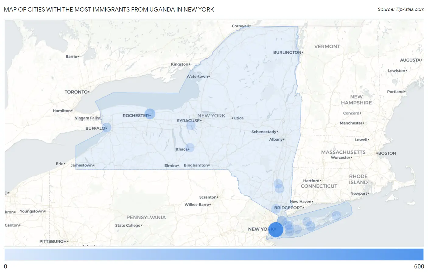 Cities with the Most Immigrants from Uganda in New York Map